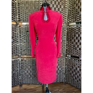 Vintage 100% Silk Red Dress Long Sleeves Mandarin Collar Satin Asian Japanese